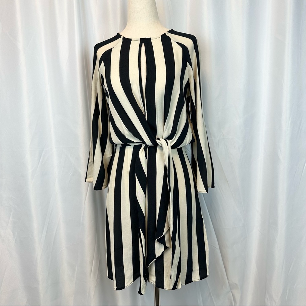 Topshop Black and Cream Striped Tie Dress Size 2